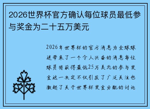 2026世界杯官方确认每位球员最低参与奖金为二十五万美元 2026世界杯官方确认每位球员最低参与奖金为二十五万美元